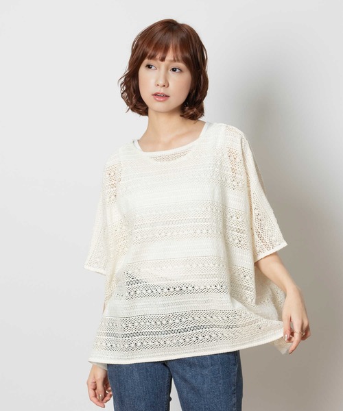 Right-on(ライトオン)の「【HONEYSUCKLE ROSE】レース編み風レイヤードトップス(アンサンブル・レディース・ブルー/ブラック/オフホワイト・M/L)」の4枚目の写真