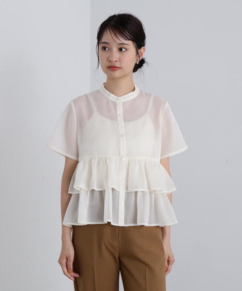 N.（N. Natural Beauty Basic）（エヌエヌナチュラルビューティーベーシック）の「◆シアーペプラムバンドカラーブラウス（シャツ/ブラウス・レディース・イエロー/オフホワイト/グレー・MEDIUM）」の7枚目の写真