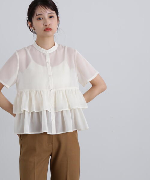 N.（N. Natural Beauty Basic）（エヌエヌナチュラルビューティーベーシック）の「◆シアーペプラムバンドカラーブラウス（シャツ/ブラウス・レディース・イエロー/オフホワイト/グレー・MEDIUM）」の2枚目の写真
