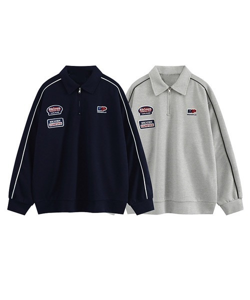 セール】オーバーサイズサイドラインハーフジップ刺繍ロゴワッペンロン