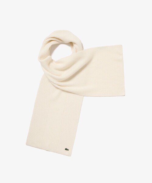 LACOSTE(ラコステ)の「編み地切替え ウールニットマフラー / ワントーンカラーリングストール(マフラー・レディース・オフホワイト/ダークネイビー/グリーン・FREE)」の1枚目の写真