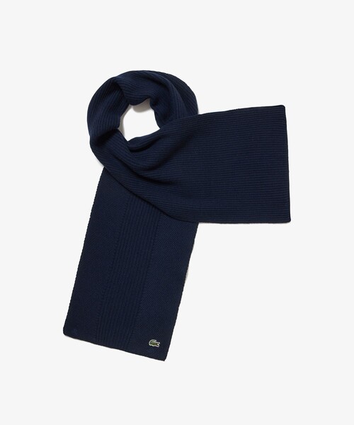 LACOSTE(ラコステ)の「編み地切替え ウールニットマフラー / ワントーンカラーリングストール(マフラー・レディース・オフホワイト/ダークネイビー/グリーン・FREE)」の4枚目の写真