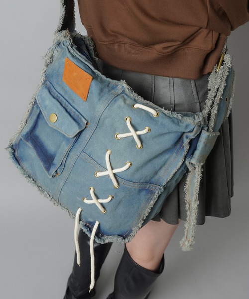 【フローレンス】刺繍デニムバック　No.628　&　ショルダーベルト セール】デニムショルダーバッグ/レースアップ（ショルダー