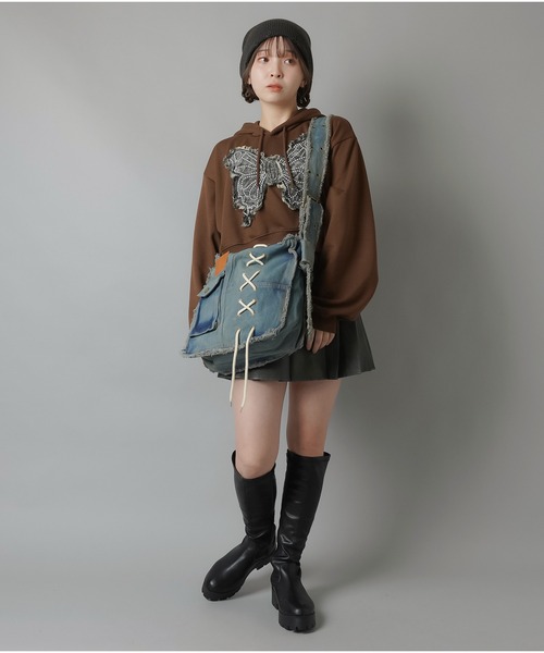 【フローレンス】刺繍デニムバック　No.628　&　ショルダーベルト セール】デニムショルダーバッグ/レースアップ（ショルダー