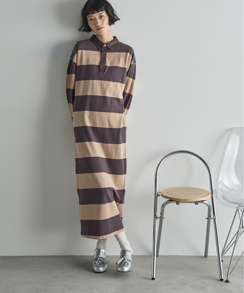 sahara ワンピース セール】ワイドボーダーラガーシャツライクワンピース