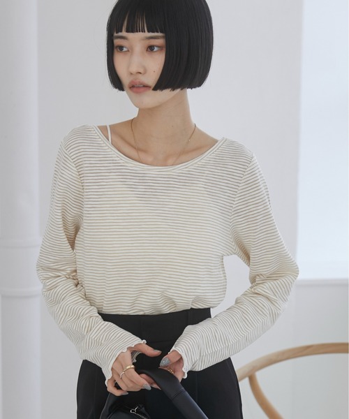 ANGIE(アンジー)の「ボーダー バックオープン シアートップス(Tシャツ/カットソー・レディース・ブラック系その他/オレンジ系その他/グレー系その他/ベージュ系その他・FREE)」の18枚目の写真