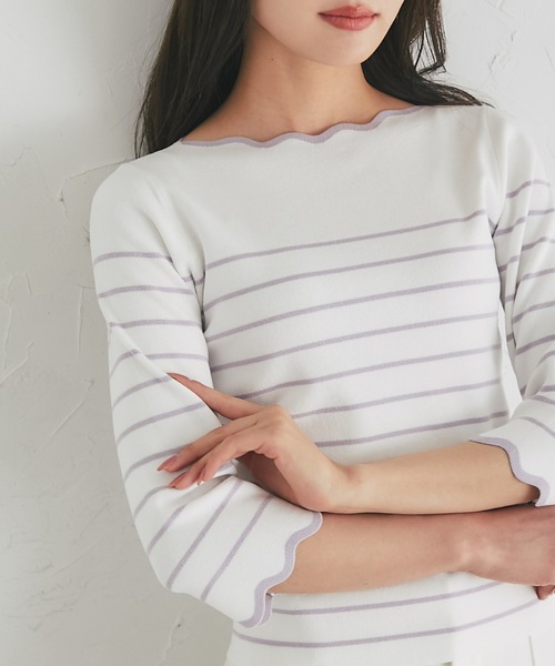 tocco closet(トッコ クローゼット)の「スカラップカットボーダーニットプルオーバー(Tシャツ/カットソー・レディース・ブラック/ピンク/ラベンダー・M)」の2枚目の写真
