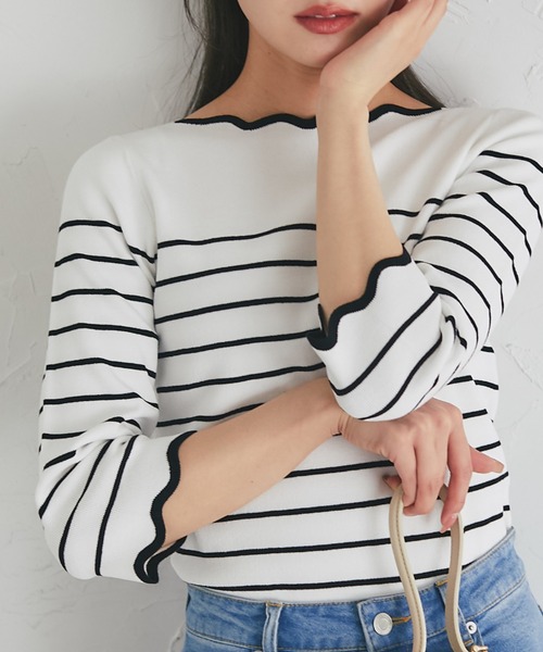 tocco closet(トッコ クローゼット)の「スカラップカットボーダーニットプルオーバー(Tシャツ/カットソー・レディース・ブラック/ピンク/ラベンダー・M)」の1枚目の写真