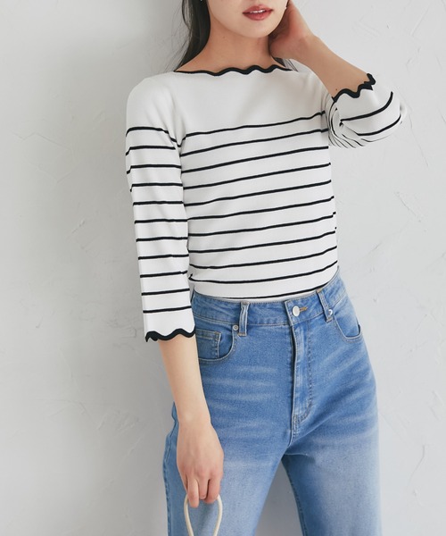 tocco closet(トッコ クローゼット)の「スカラップカットボーダーニットプルオーバー(Tシャツ/カットソー・レディース・ブラック/ピンク/ラベンダー・M)」の8枚目の写真