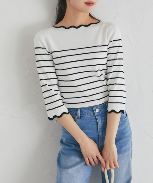 tocco closet(トッコ クローゼット)の「スカラップカットボーダーニットプルオーバー(Tシャツ/カットソー・レディース・ブラック/ピンク/ラベンダー・M)」の7枚目の写真