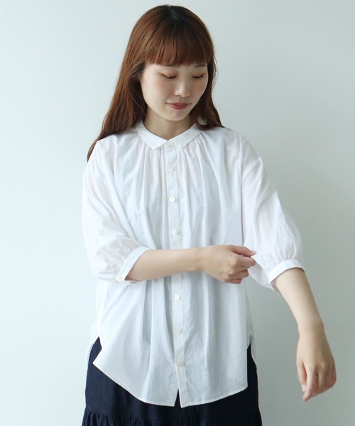 bulle de savon（ビュルデサボン）の「コットン/シルク ローン ふっくら袖ブラウス（シャツ/ブラウス・レディース・グリーン/ストライプ/ホワイト・FREE）」の2枚目の写真