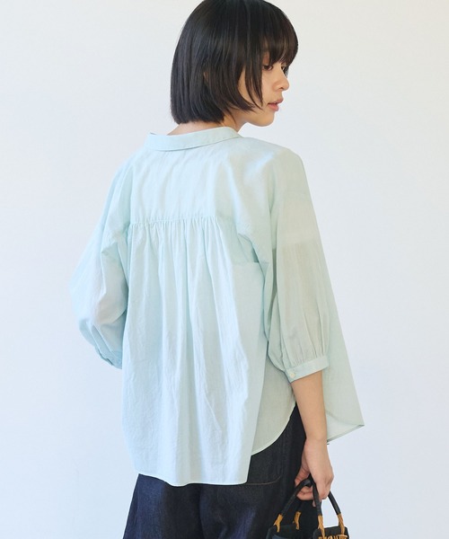 bulle de savon（ビュルデサボン）の「コットン/シルク ローン ふっくら袖ブラウス（シャツ/ブラウス・レディース・グリーン/ストライプ/ホワイト・FREE）」の5枚目の写真