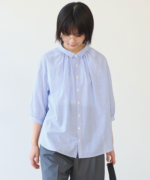 bulle de savon（ビュルデサボン）の「コットン/シルク ローン ふっくら袖ブラウス（シャツ/ブラウス・レディース・グリーン/ストライプ/ホワイト・FREE）」の14枚目の写真