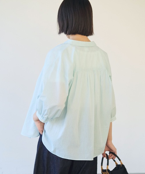 bulle de savon（ビュルデサボン）の「コットン/シルク ローン ふっくら袖ブラウス（シャツ/ブラウス・レディース・グリーン/ストライプ/ホワイト・FREE）」の7枚目の写真