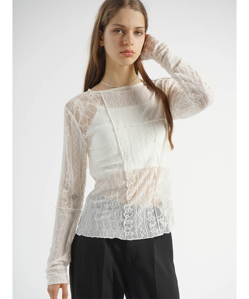 :ETHROF(イーサオブ)の「PATCHWORK LACE TOPS(Tシャツ/カットソー・レディース・オフホワイト/ブラック・FREE)」の1枚目の写真