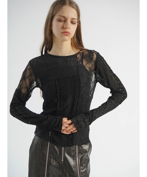 :ETHROF(イーサオブ)の「PATCHWORK LACE TOPS(Tシャツ/カットソー・レディース・オフホワイト/ブラック・FREE)」の2枚目の写真