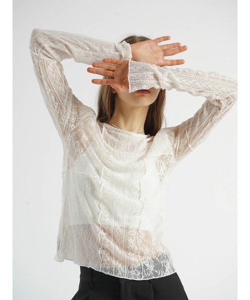 :ETHROF(イーサオブ)の「PATCHWORK LACE TOPS(Tシャツ/カットソー・レディース・オフホワイト/ブラック・FREE)」の13枚目の写真