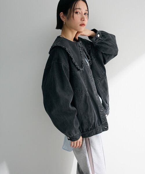 Green　Parks（グリーンパークス）の「・DOUBLE FLAGS フリルカラーGジャン（デニムジャケット・レディース・ブラック/インディゴブルー・FREE）」の8枚目の写真