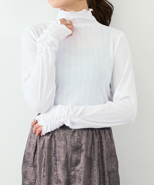 SETUP7（セットアップセブン）の「【SETUP7】ランダムテレコ袖シャーリング長袖Tシャツ GLR（Tシャツ/カットソー・レディース・ブラック/オフホワイト/ブルー/ライトグレー/イエロー・M/L）」の6枚目の写真