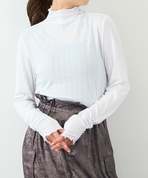 SETUP7（セットアップセブン）の「【SETUP7】ランダムテレコ袖シャーリング長袖Tシャツ GLR（Tシャツ/カットソー・レディース・ブラック/オフホワイト/ブルー/ライトグレー/イエロー・M/L）」の7枚目の写真