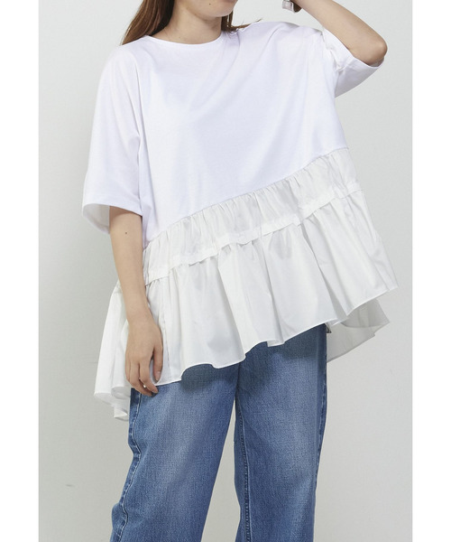 プルミエアロンディスモン　コットンポンチ×タフタトップス　ホワイト セール】【追加】コットンポンチ×タフタトップス（Tシャツ/カットソー