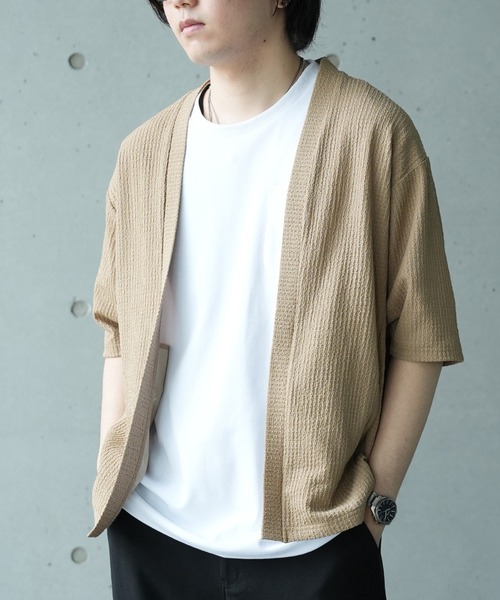 UNION STATION（ユニオンステーション）の「*WEB限定 シアー ジャガード 5分袖 ボタンレスカーディガン（カーディガン/ボレロ・メンズ・ブラック/オフホワイト/ベージュ/ライトグリーン・M/L）」の2枚目の写真