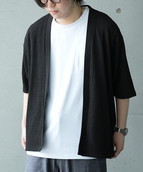 UNION STATION（ユニオンステーション）の「*WEB限定 シアー ジャガード 5分袖 ボタンレスカーディガン（カーディガン/ボレロ・メンズ・ブラック/オフホワイト/ベージュ/ライトグリーン・M/L）」の20枚目の写真