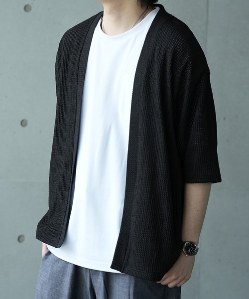 UNION STATION（ユニオンステーション）の「*WEB限定 シアー ジャガード 5分袖 ボタンレスカーディガン（カーディガン/ボレロ・メンズ・ブラック/オフホワイト/ベージュ/ライトグリーン・M/L）」の19枚目の写真