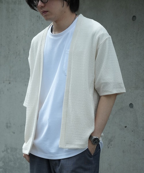 UNION STATION（ユニオンステーション）の「*WEB限定 シアー ジャガード 5分袖 ボタンレスカーディガン（カーディガン/ボレロ・メンズ・ブラック/オフホワイト/ベージュ/ライトグリーン・M/L）」の13枚目の写真