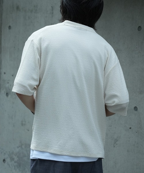 UNION STATION（ユニオンステーション）の「*WEB限定 シアー ジャガード 5分袖 ボタンレスカーディガン（カーディガン/ボレロ・メンズ・ブラック/オフホワイト/ベージュ/ライトグリーン・M/L）」の12枚目の写真