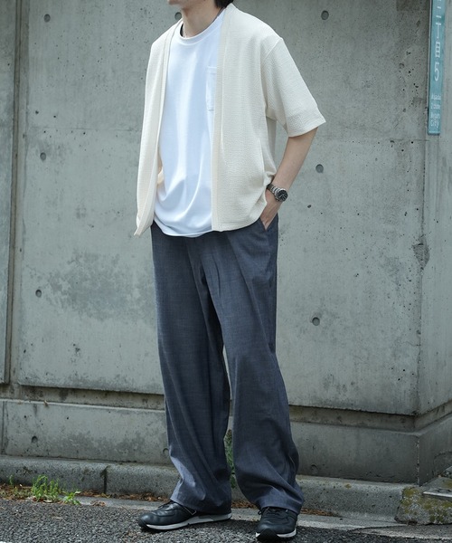 UNION STATION（ユニオンステーション）の「*WEB限定 シアー ジャガード 5分袖 ボタンレスカーディガン（カーディガン/ボレロ・メンズ・ブラック/オフホワイト/ベージュ/ライトグリーン・M/L）」の11枚目の写真