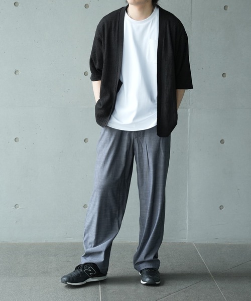 UNION STATION（ユニオンステーション）の「*WEB限定 シアー ジャガード 5分袖 ボタンレスカーディガン（カーディガン/ボレロ・メンズ・ブラック/オフホワイト/ベージュ/ライトグリーン・M/L）」の14枚目の写真