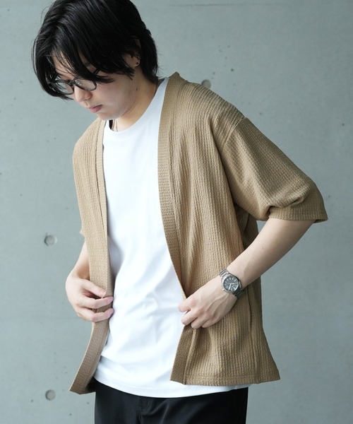 UNION STATION（ユニオンステーション）の「*WEB限定 シアー ジャガード 5分袖 ボタンレスカーディガン（カーディガン/ボレロ・メンズ・ブラック/オフホワイト/ベージュ/ライトグリーン・M/L）」の10枚目の写真
