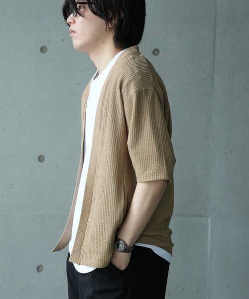 UNION STATION（ユニオンステーション）の「*WEB限定 シアー ジャガード 5分袖 ボタンレスカーディガン（カーディガン/ボレロ・メンズ・ブラック/オフホワイト/ベージュ/ライトグリーン・M/L）」の9枚目の写真