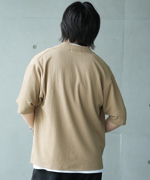 UNION STATION（ユニオンステーション）の「*WEB限定 シアー ジャガード 5分袖 ボタンレスカーディガン（カーディガン/ボレロ・メンズ・ブラック/オフホワイト/ベージュ/ライトグリーン・M/L）」の8枚目の写真