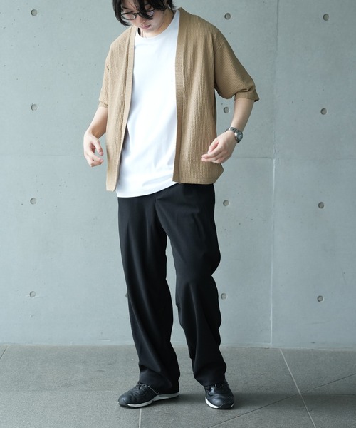 UNION STATION（ユニオンステーション）の「*WEB限定 シアー ジャガード 5分袖 ボタンレスカーディガン（カーディガン/ボレロ・メンズ・ブラック/オフホワイト/ベージュ/ライトグリーン・M/L）」の6枚目の写真