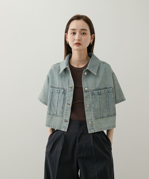 ブラウス シャツ 「洗える」コットンリヨセルデニム クロップドシャツ レディース セール】【洗える】コットンリヨセルデニム クロップドシャツ