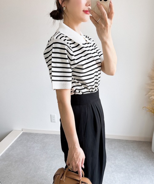 &. NOSTALGIA（アンドドットノスタルジア）の「【ZOZO限定】襟取り外しニット（ニット/セーター・レディース・ブラウン/グリーン/ホワイト×ブラック/ブラック・M）」の10枚目の写真