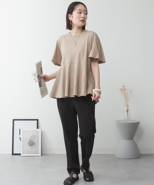 RCD(アールシーディー)の「フレアヘムショートスリーブトップ(Tシャツ/カットソー・レディース・ブラック/オフホワイト/グレイッシュベージュ/チャコールグレー/ミント・4L~5L/LL~3L/M-L)」の14枚目の写真