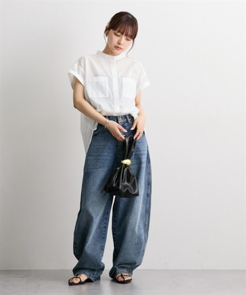 nissen（ニッセン）の「Ｗポケットバンドシャツ（半袖）（シャツ/ブラウス・レディース・オフホワイト/ブルー系/ネイビー・S/M/L/LL）」の4枚目の写真