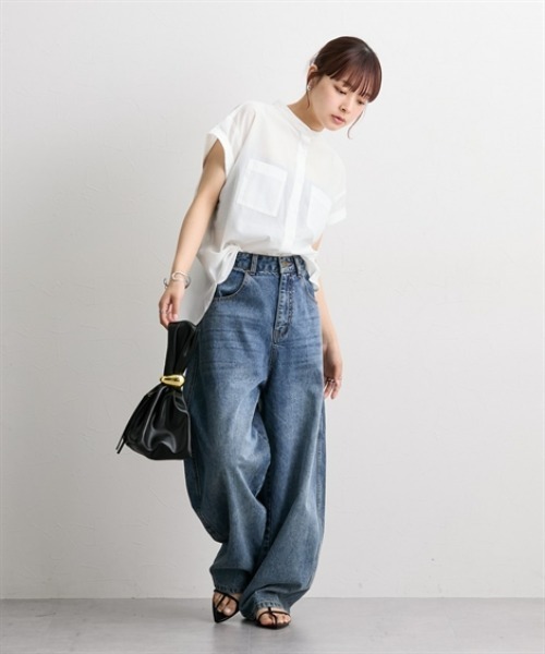 nissen（ニッセン）の「Ｗポケットバンドシャツ（半袖）（シャツ/ブラウス・レディース・オフホワイト/ブルー系/ネイビー・S/M/L/LL）」の5枚目の写真