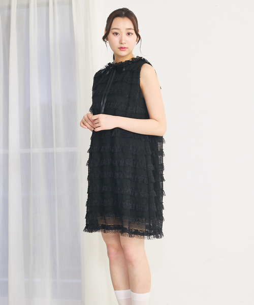 SELFIST(セルフィスト)の「レースフリルミニワンピース 夏服 ノースリーブ リボン ガーリーコーデ ミニワンピ(ワンピース・レディース・グレー/アイボリー/ブラック/オフホワイト・フリー)」の16枚目の写真
