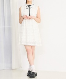 レースフリルミニワンピース 夏服 ノースリーブ リボン ガーリーコーデ ミニワンピ