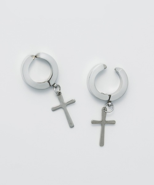 WYZ surgical stainless(ダブリューワイジィーサージカルステンレス)の「【 金属アレルギー対応 】クロスモチーフ フープイヤリング サージカルステンレス (両耳用)(イヤリング・メンズ・シルバー/ブラック・FREE)」の3枚目の写真