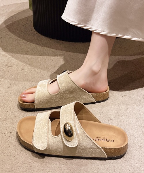 スエード調 ベルクロ ダブルストラップ コンフォート サンダル