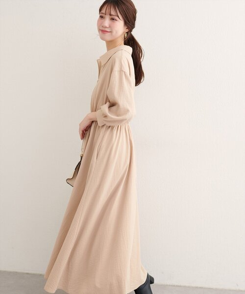 ワンピースベージュ セール】【WEB限定】フロントZIP衿付きワンピース（ワンピース