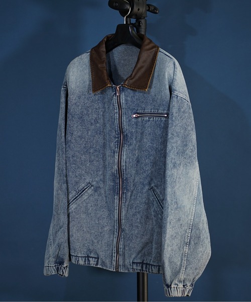 unrelaxing（アンリラクシング）の「襟レザー ビッグシルエット ヴィンテージライク デニムワークジャケット / デニムブルゾン / Gジャン デニムジャケット（ブルゾン・メンズ・ブラック/インディゴブルー/ブラック系その他・MEDIUM/LARGE）」の3枚目の写真