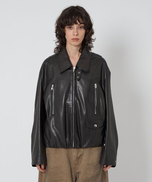 ASTRAET（アストラット）の「＜ASTRAET＞スソゴム ラムレザー ジップブルゾン UNISEX（ライダースジャケット・レディース・ブラック・FREE）」の5枚目の写真