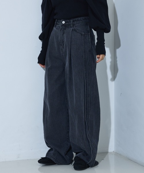 サイドライン タック ワイド ハイウエスト デニムパンツ（デニムパンツ