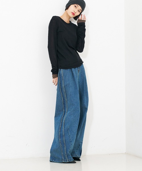 サイドライン タック ワイド ハイウエスト デニムパンツ（デニムパンツ